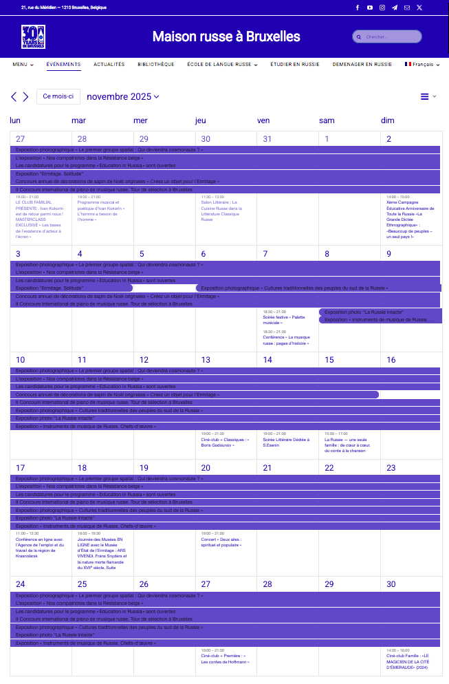 Page Internet. Maison russe Bruxelles-Europe. Calendrier des événements culturels du 16 au 30 novembre 2025. 2025-11-16